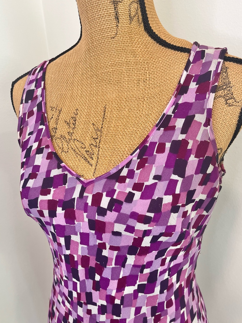Karen Kane 100% Silk Bias Cut Stretch Maxi Dress Abstract Purple Size Small - Picture 3 of 16